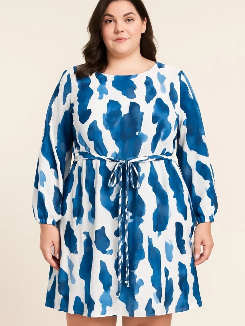 Simply Plus Blue and White Geometric Print Belted Long Sleeve Dress Sz 4X